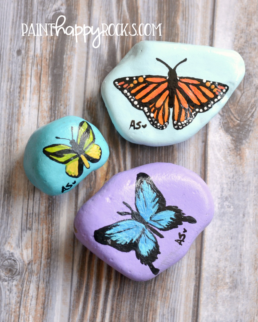 Rock Painting Ideas | Butterflies at painthappyrocks.com #PaintHappy Rocks #Painted Rocks #RockPainting